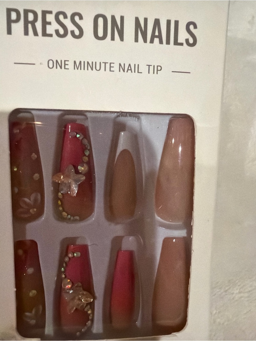 Y2K Cherry Red Ombre Press On Nails w/ Rhinestone Cross Charm Goth Glam